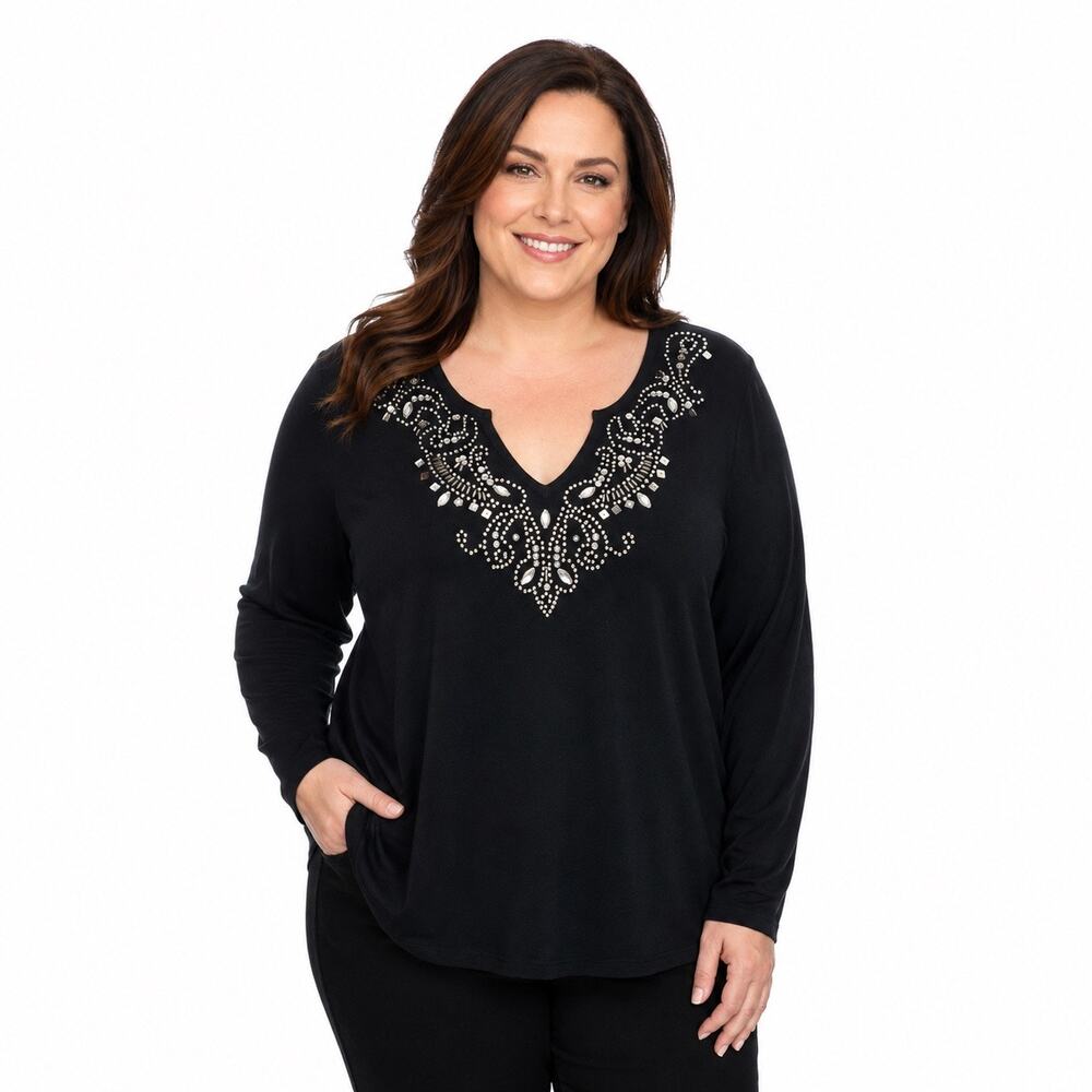 NY Collection Embellished Black Tunic Sweater Size 2X Rhinestone Beaded V-Neck